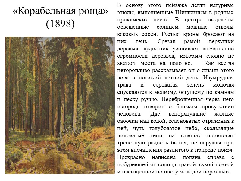 «Корабельная роща» (1898) В основу этого пейзажа легли натурные этюды, выполненные Шишкиным в родных